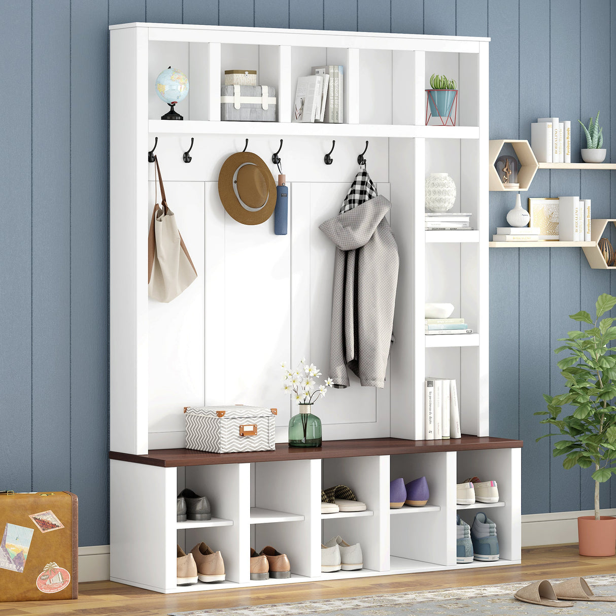 Farmhouse Wooden Hall Tree with 6 Hooks