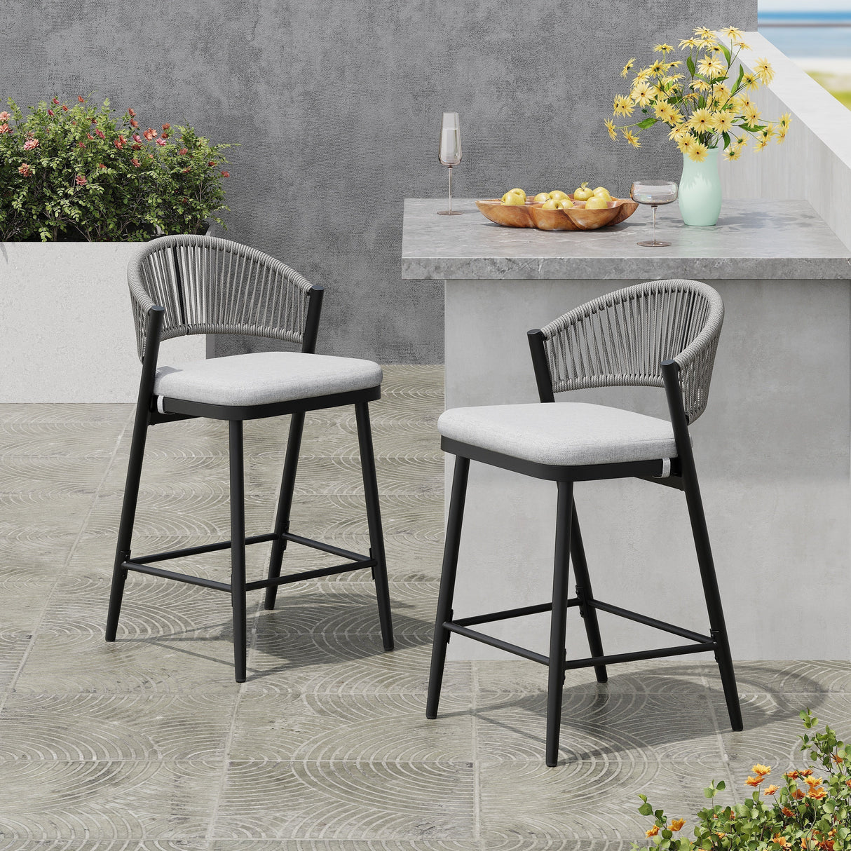 Outdoor 26' Counter Height Metal Frame Counter Stools with Scallop-shaped Backrest & Water-resistant Cushions, Set of