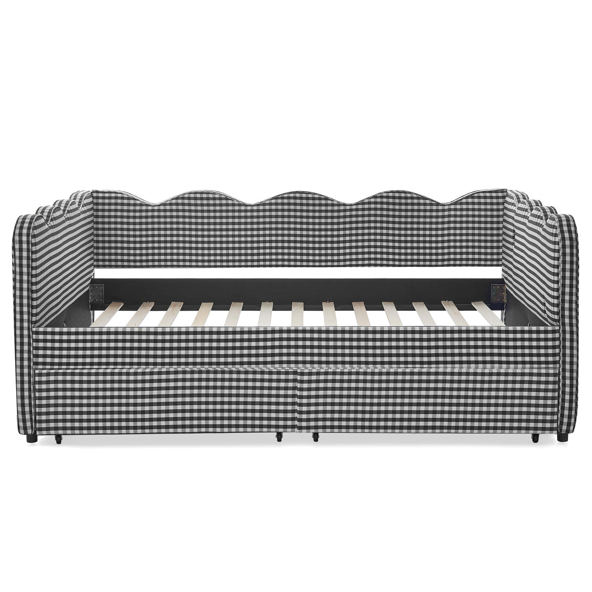 Full Size Cozy Gingham Daybed with Two Storage Drawers, with USB Port and Adorable Wave Shaped, Linen Fabric