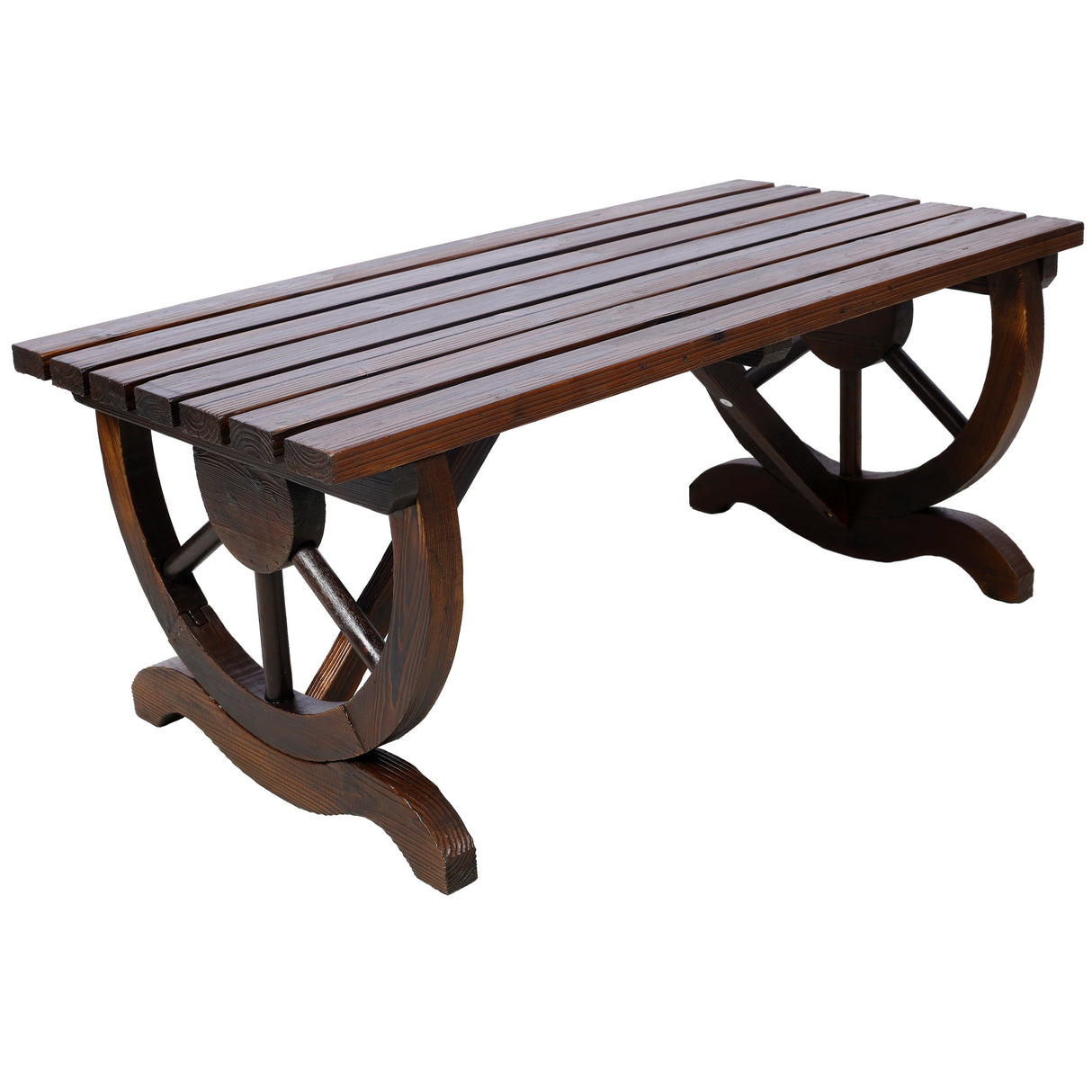 Outdoor Rustic Wooden Bench with Wagon Wheel Legs, 2 People Outdoor Bench Garden Bench Front Porch Furniture Patio Lawn Yard Park, Indoor and Outdoor Decor