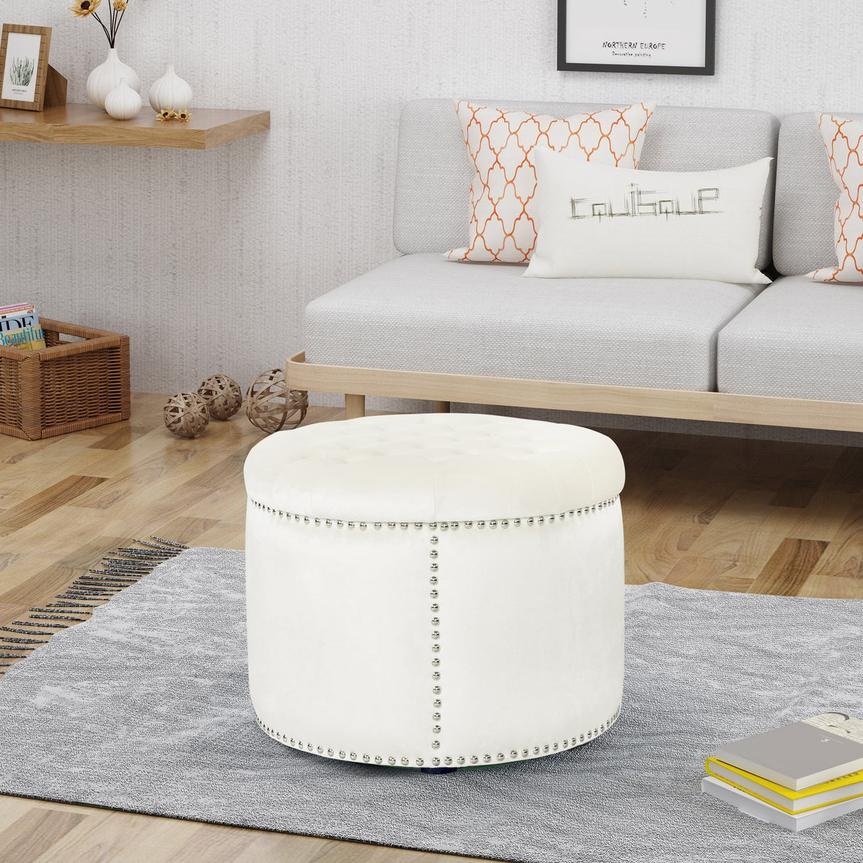 Elegant Round Ottoman with Studded Rim in Beige Velvet