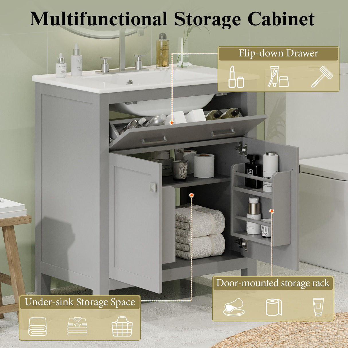 Bathroom Vanity With Ceramic Sink, Modern Single Bathroom Cabinet With 2 Doors And A Shelf, Soft Close Doors