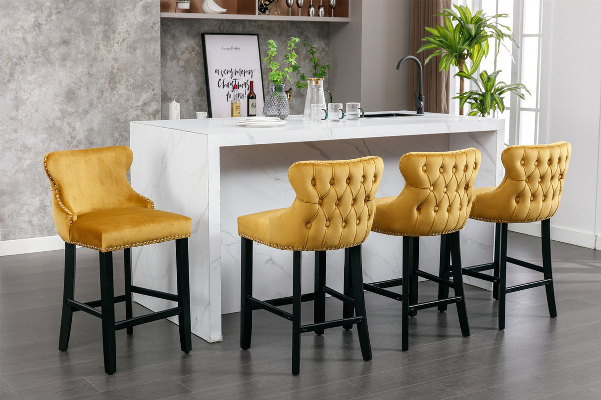 Contemporary Upholstered Wing-Back Barstools With Button Tufted Decoration And Wooden Legs, And Nailhead Trim, Leisure Style Bar Chairs, Bar Stools (Set of 2)
