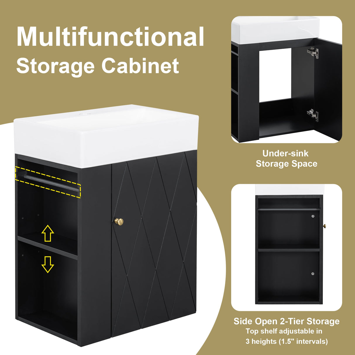 20 Inch Bathroom Vanity with Ceramic Sink, Diamond Pattern Door Design