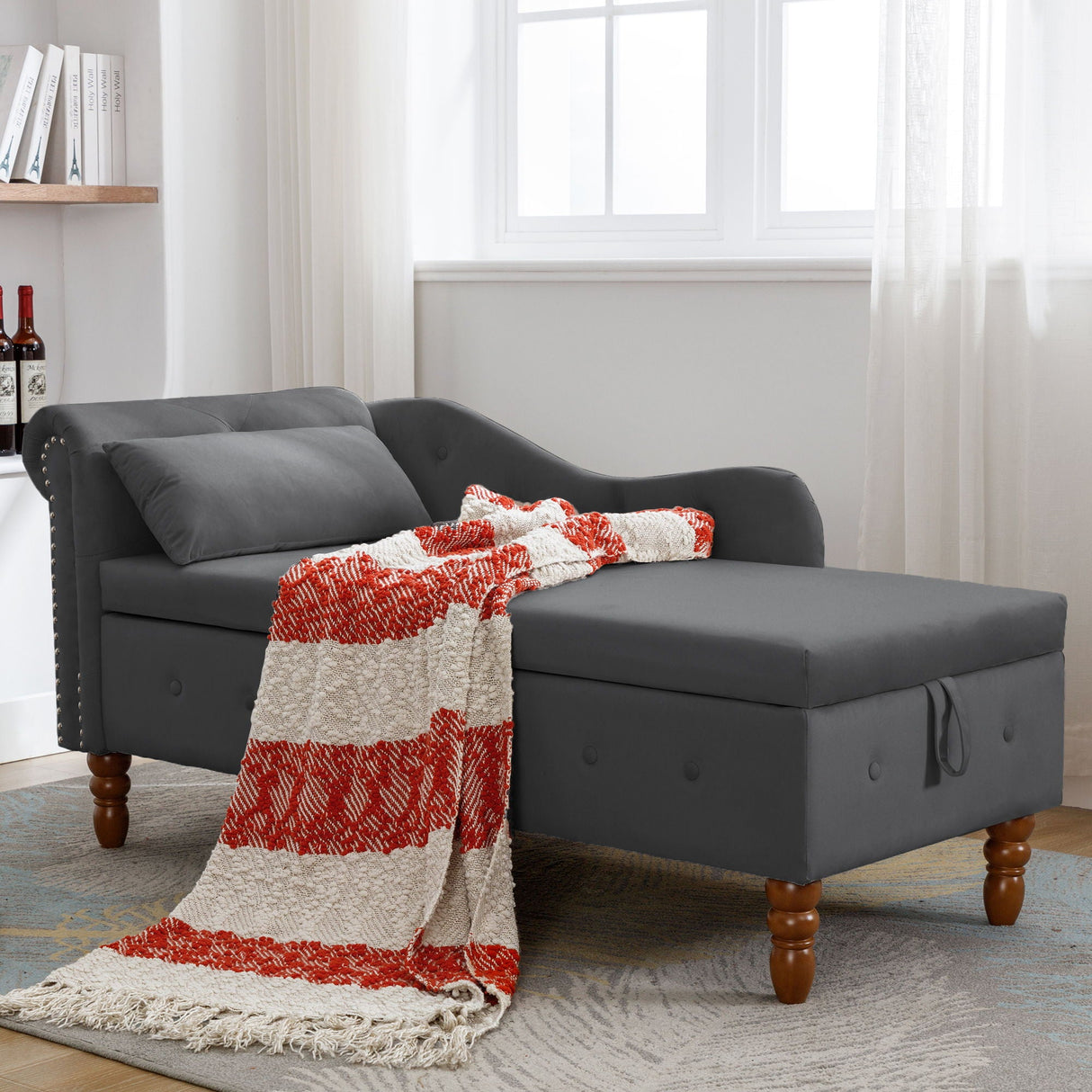 Chaise Lounge Indoor, Lounge Chair For Bedroom With Storage & Pillow, Modern Upholstered Rolled Arm Chase Lounge For Sleeping With Nailhead Trim For Living Room Bedroom Office