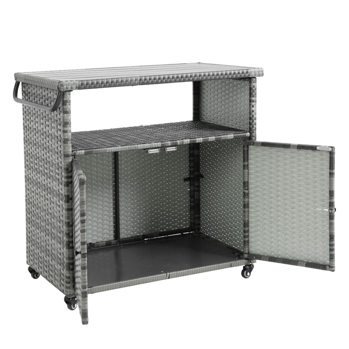 Outdoor Wicker Bar CartPatio Wine Serving Cart w/Wheels Rolling Rattan Beverage Bar Counter Table w/Glass Top for Porch Backyard Garden Poolside PartyLight brown