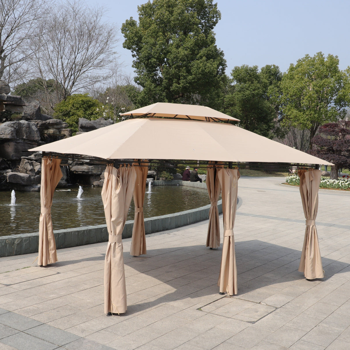 Khaki Outdoor Patio Gazebo Canopy Tent with Ventilated Double Roof and Mosquito Net, 13x10 Ft