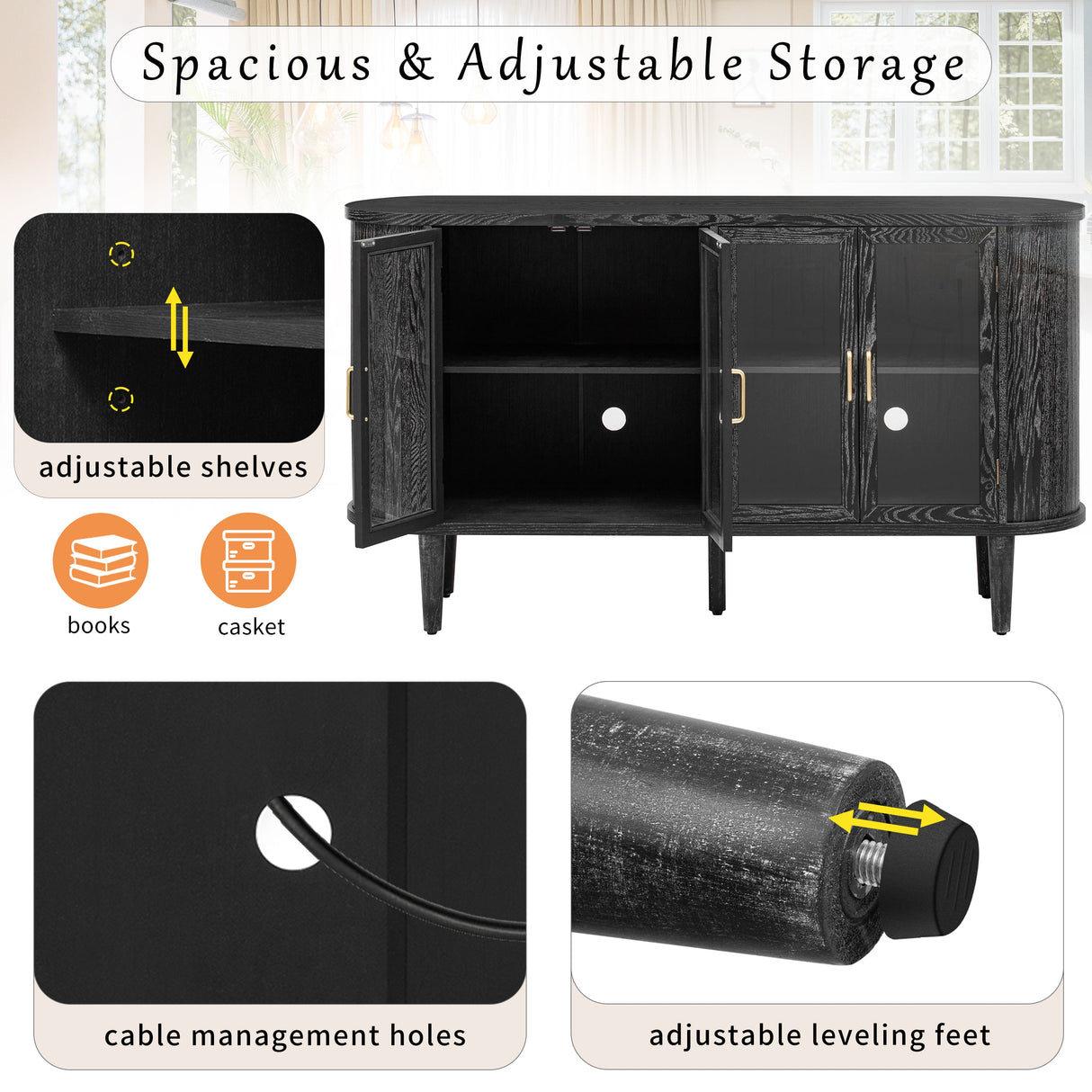 Wood Buffet Cabinet with Glass Doors and Adjustable Shelves