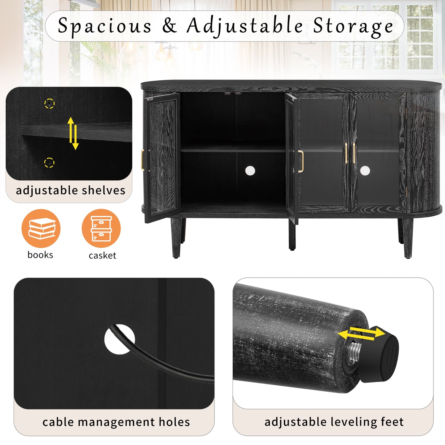 Wood Buffet Cabinet with Glass Doors and Adjustable Shelves