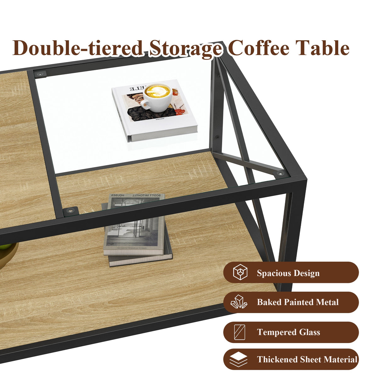 Modern Coffee Table with Tempered Glass and Natural Wood MDF Top