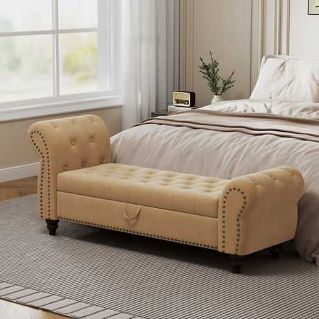 64.5'-Bed-Bench-for-Bed-Room-Nails-Tufted-Chaise-of-Lounge-with-Storage-Velvet-Upholstery-Khaki-Benches
