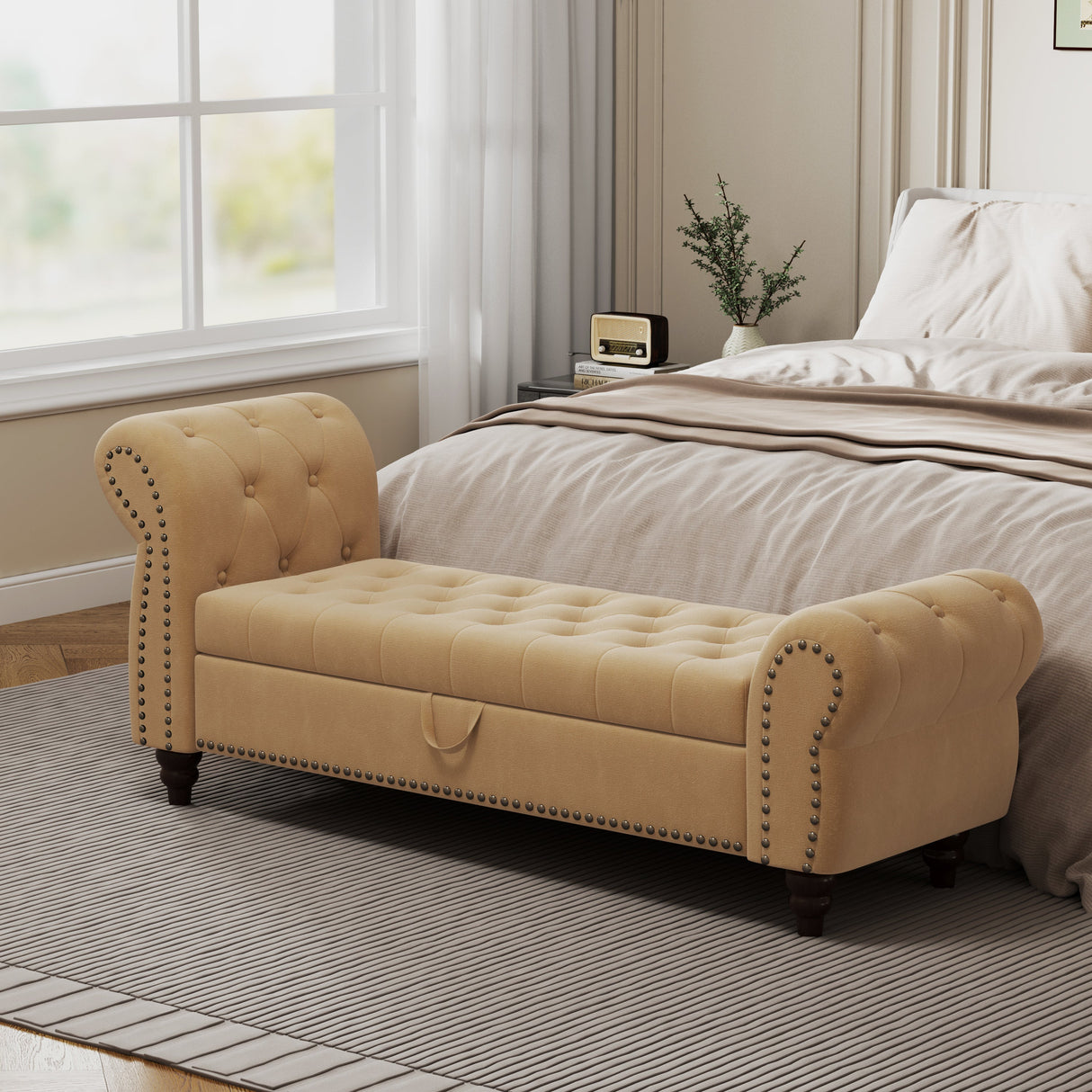 64.5' Velvet Upholstered Bed Bench with Storage and Tufted Nails