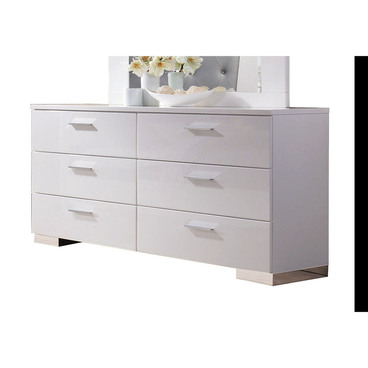 Modern White Dresser with 6 Drawers - High-Gloss Wood Bedroom Storage