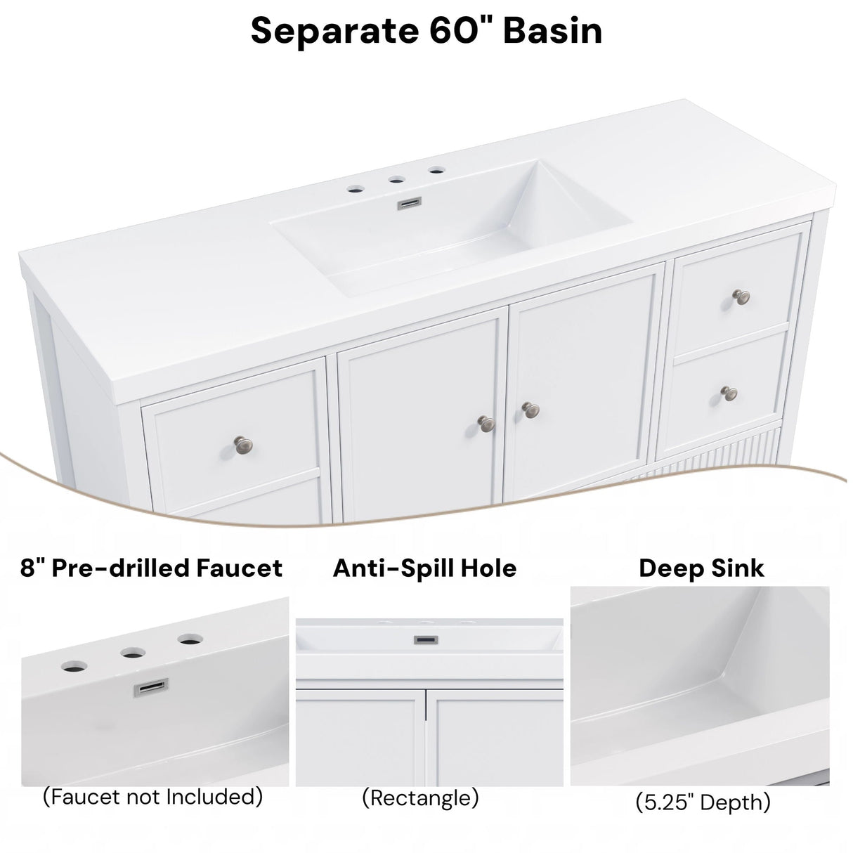 Bathroom Vanity With Separate Sink, Soft Close Doors And 4 Drawers