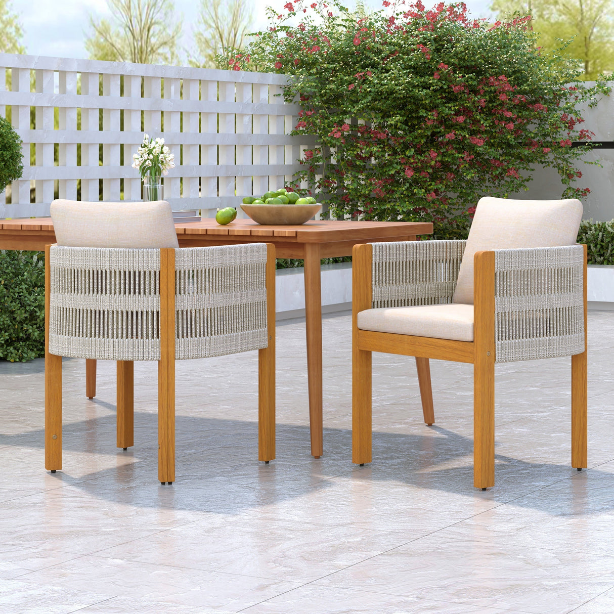 Acacia Wood Outdoor Dining Chairs 2-Pack with Beige Cushions