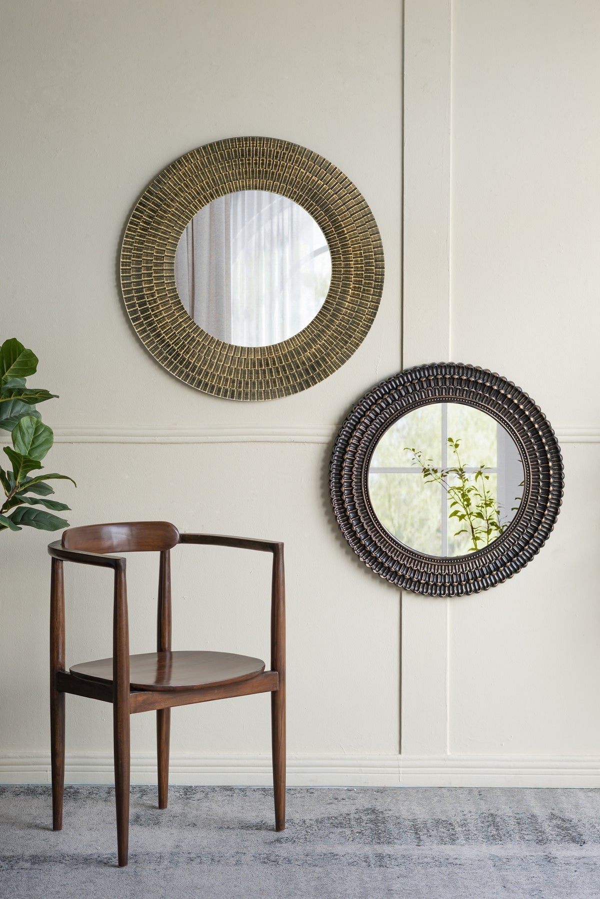 29.5" Round Gold and Black Wooden Accent Mirror with Woven Texture
