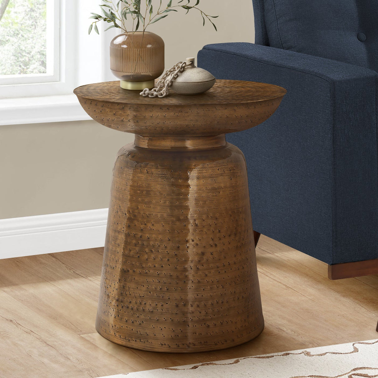 Arcanite End Table with Bell Shaped Base and Hammered Texture