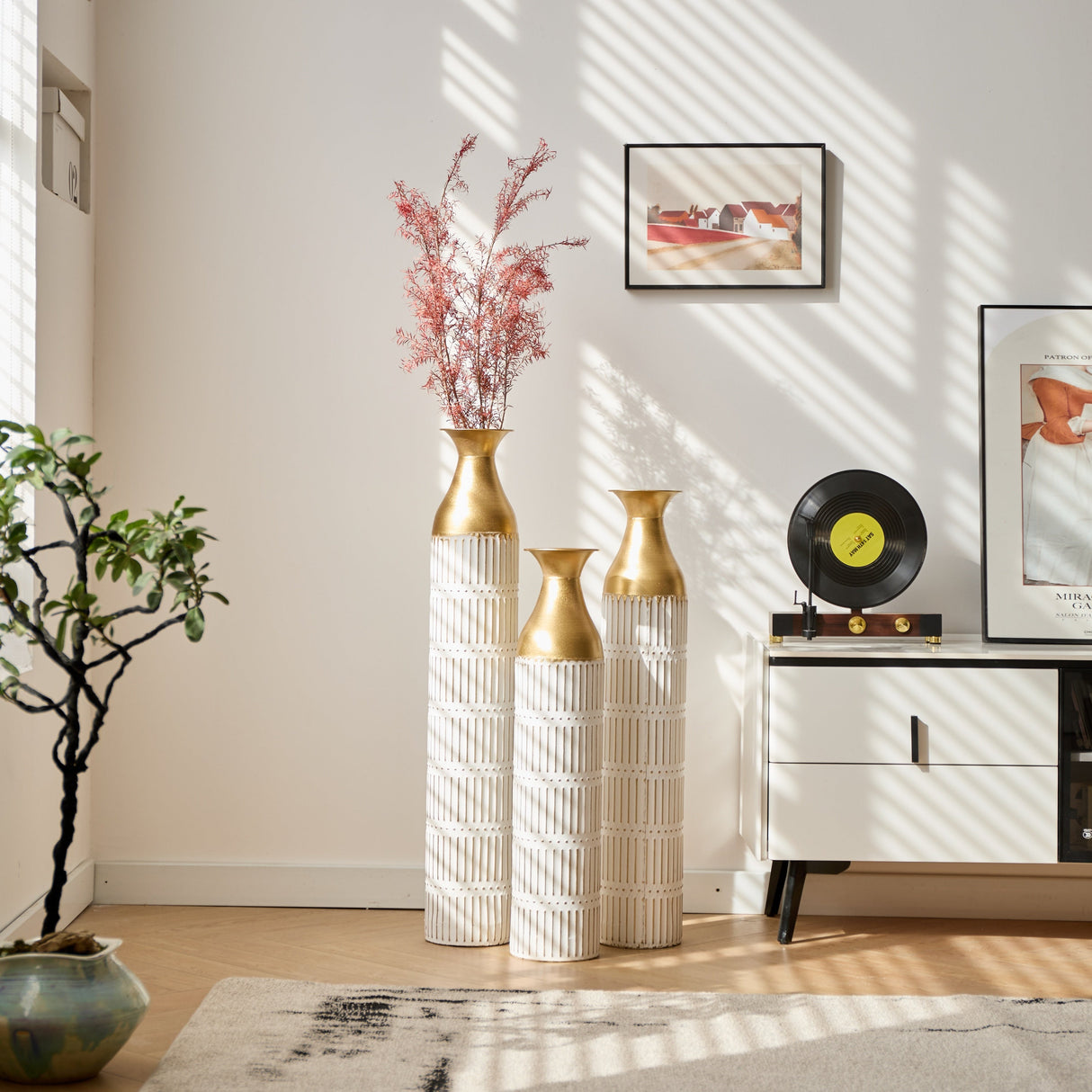 Floor Metal Vases Set of 3 - White with Gold Accents