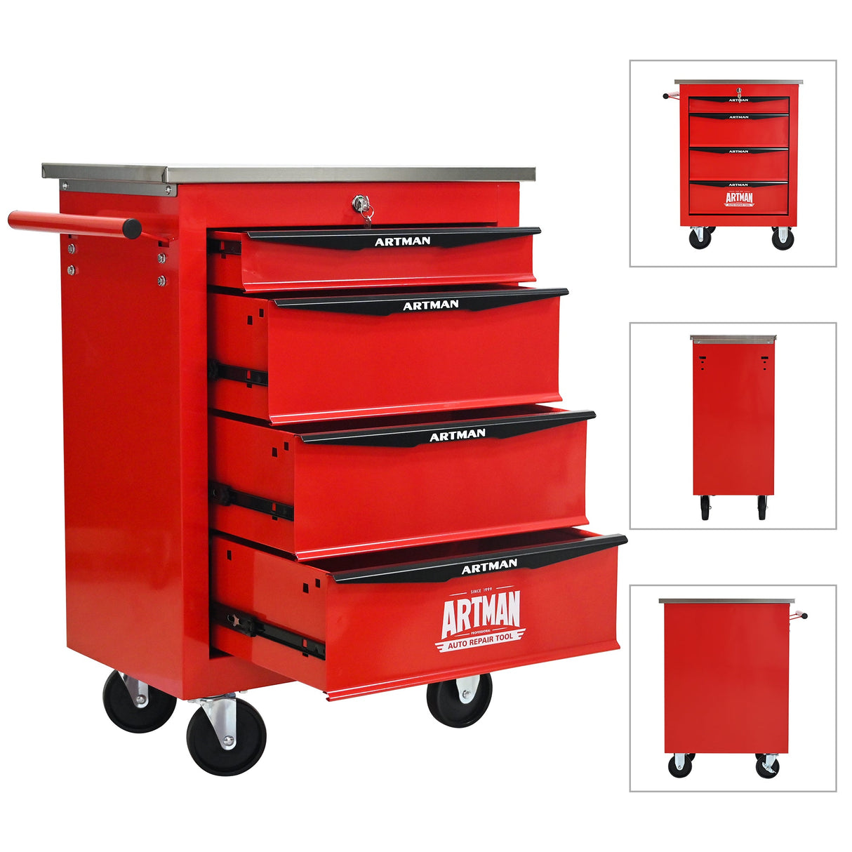 4 Drawers Multifunctional Tool Cart with Wheels, Red & Black