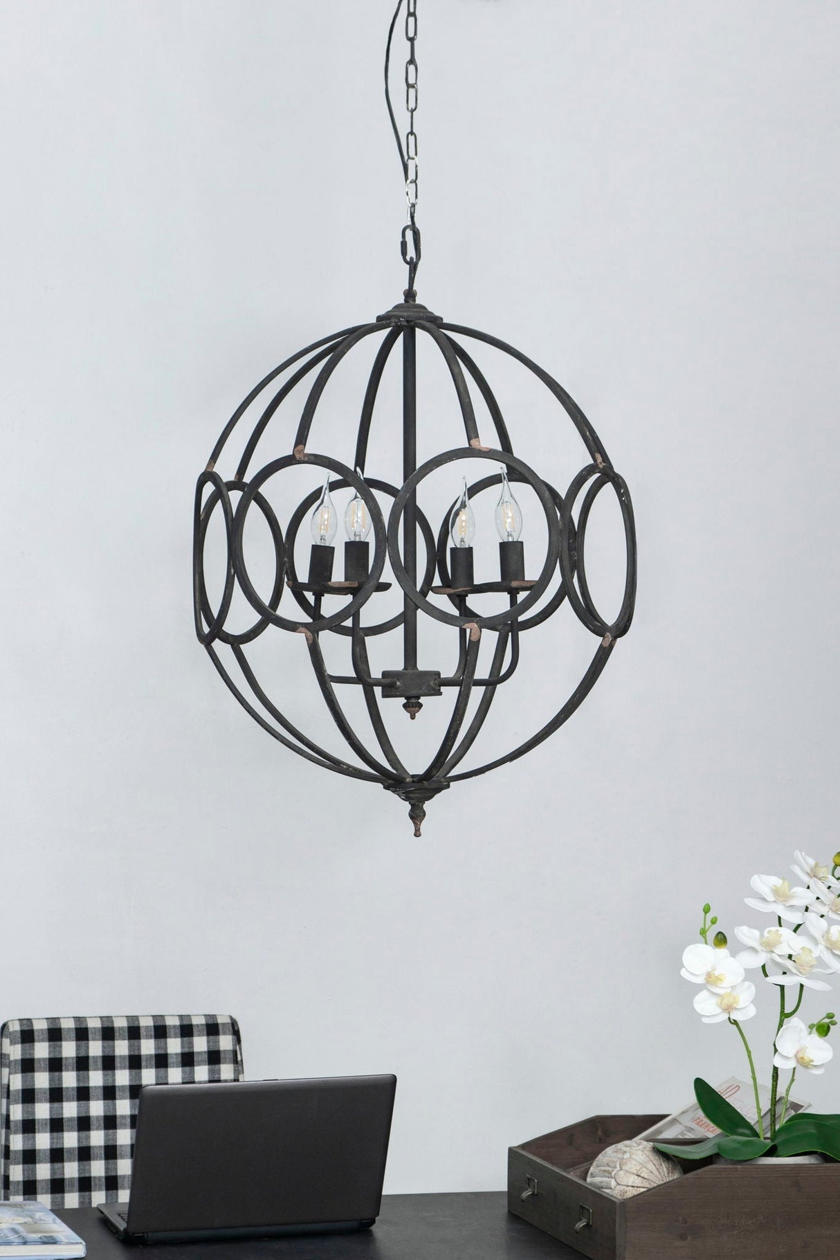 4 Light Metal Chandelier in Black Iron with Adjustable Chain