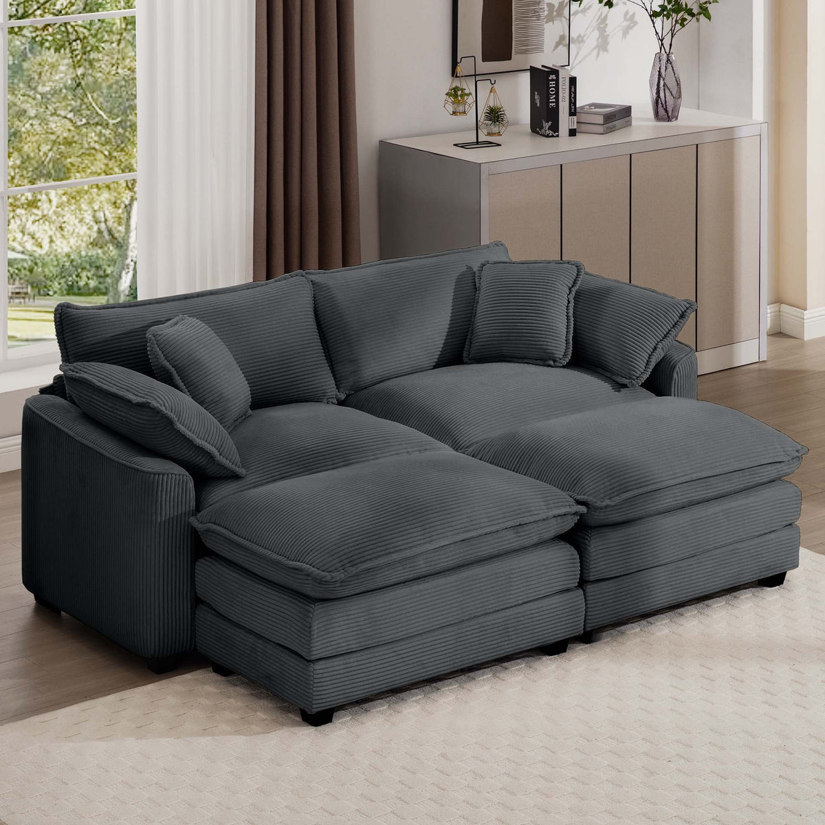 Modern Modular Cushion Sofa Set with Ottoman - Fabric, Multiple Colors