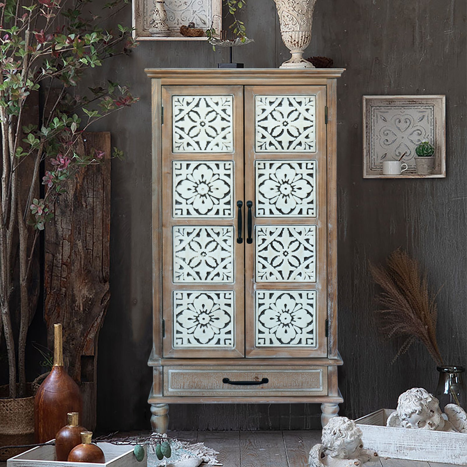 55.12'' Tall Tower Storage Cabinet - Rustic Wood Sideboard Pantry Cabinet