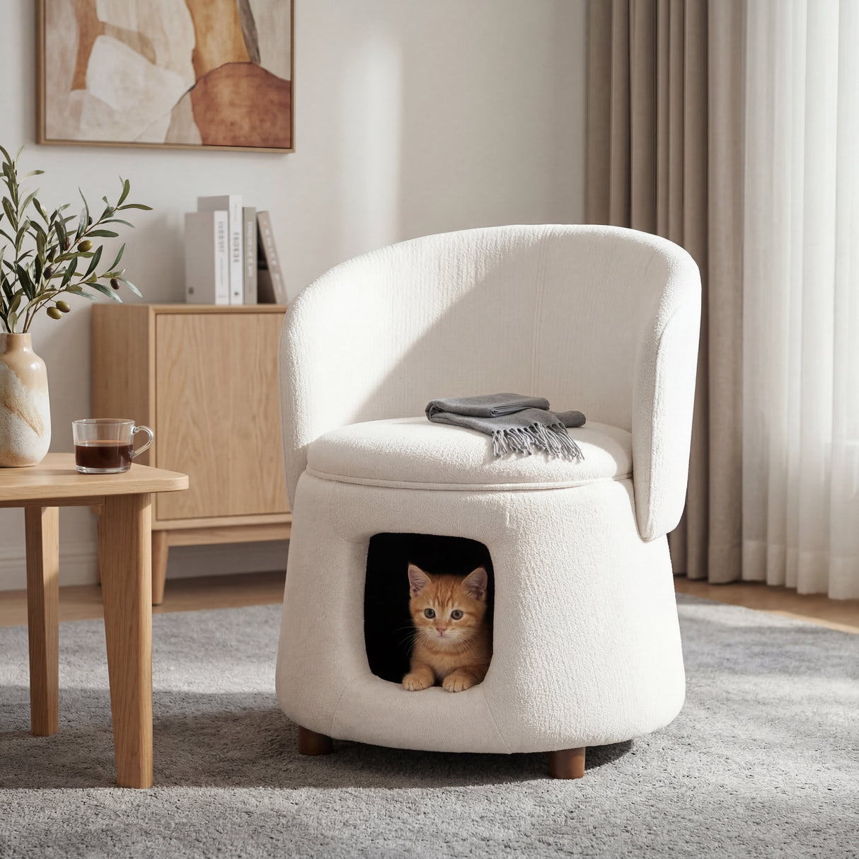 Beige Pet Friendly Chair with Hidden Pet Nook, Convertible Stool, Storage Seat