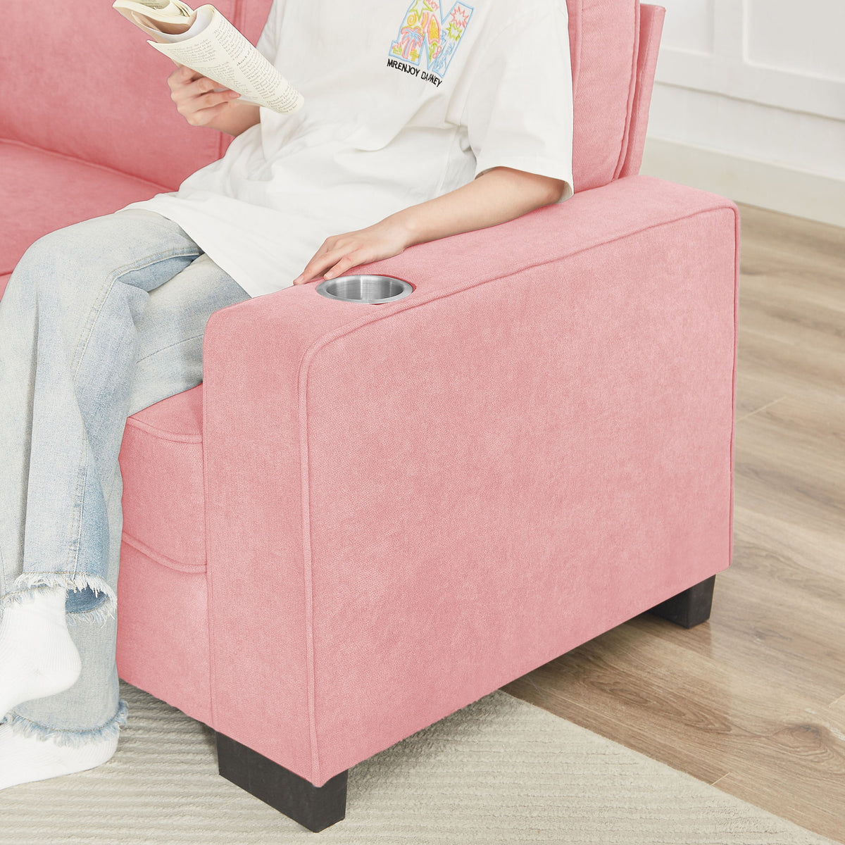 Modern Snowfleece Fabric 3 Seater Sofa with Cup Holder – Pink