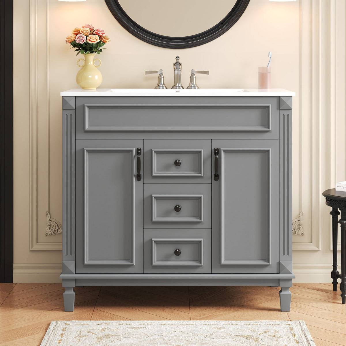 Bathroom Vanity with Ceramic Sink and Soft-Closing Storage - Dark Gray, White, or Black