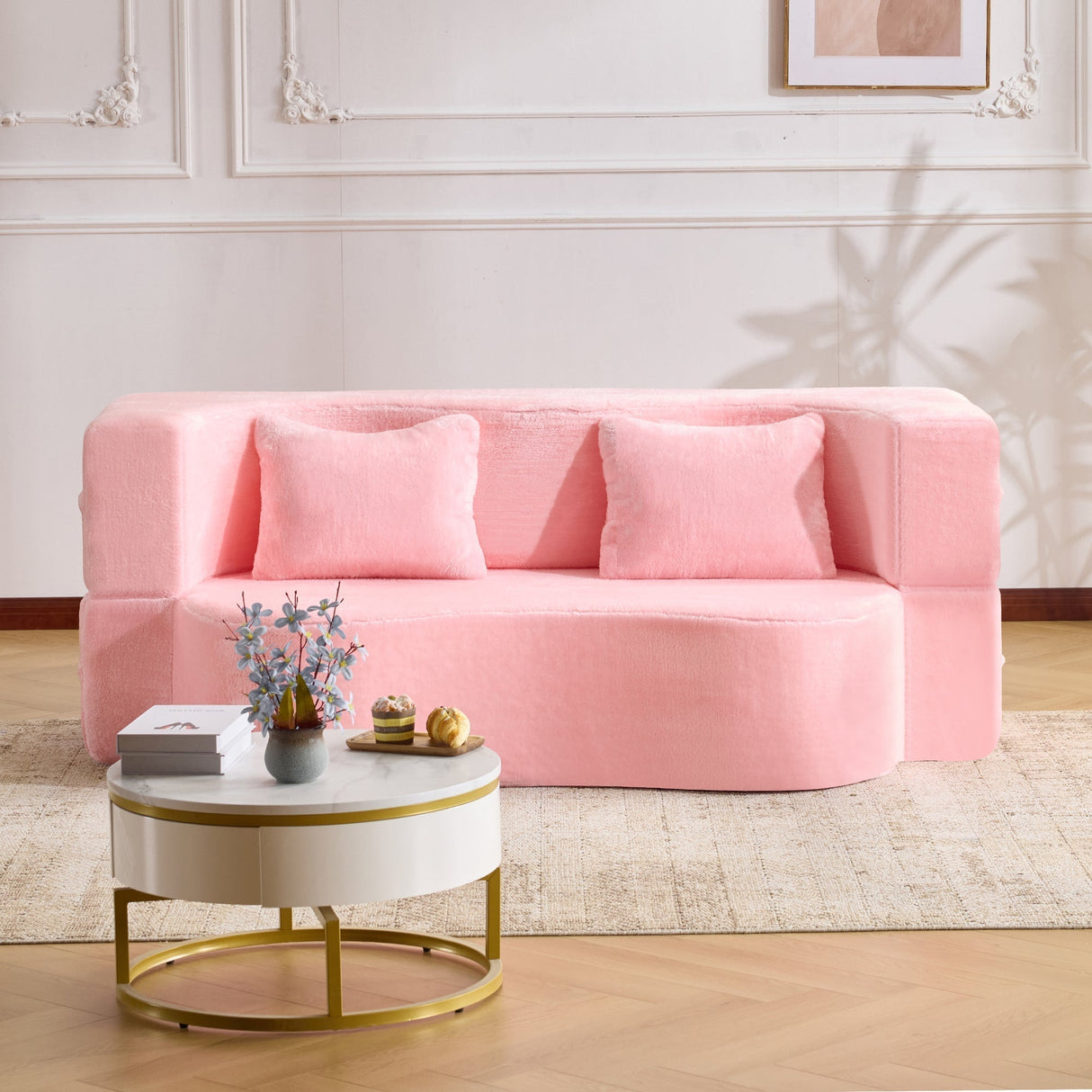 71-Inch Folding Sofa Bed in Pink Chenille with High-Density Foam