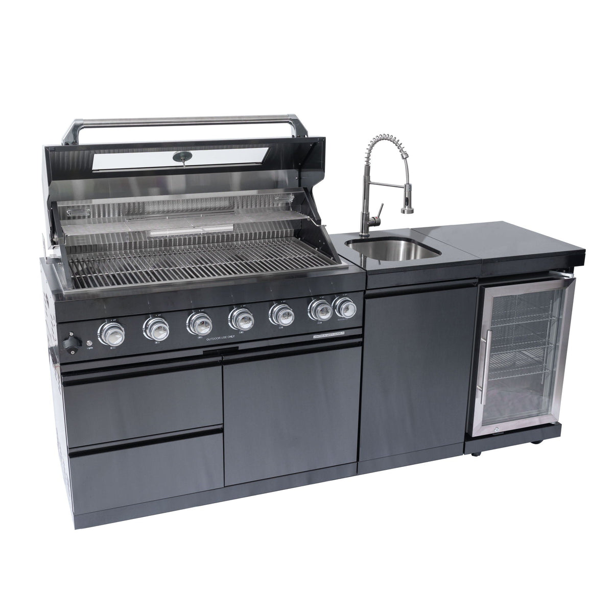 6 Burner Outdoor Kitchen Island Grill with Wine Cooler and Rotisserie Kit - Black