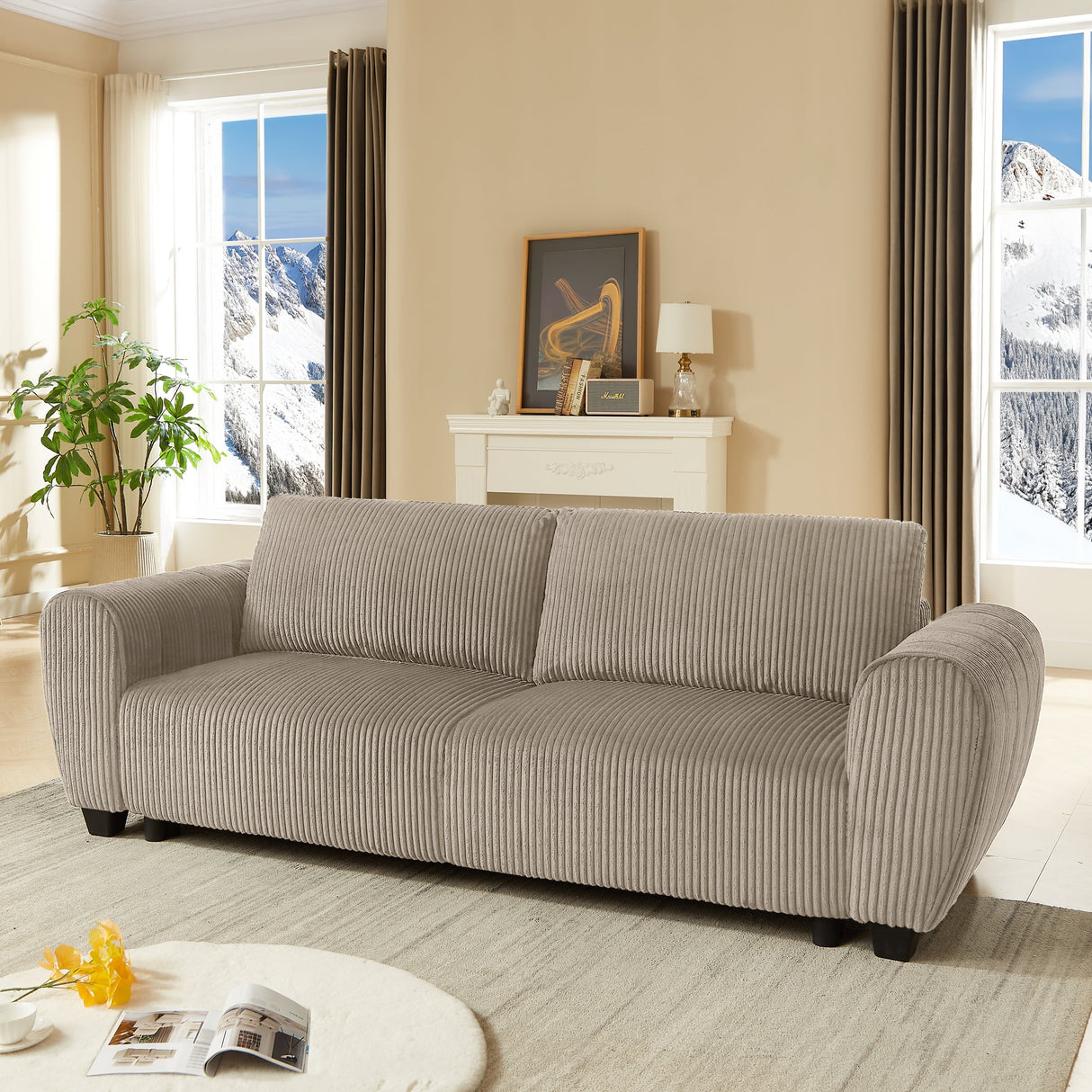 Corduroy Upholstered 3-Seat Sofa Couch 2-in-1 Convertible Sleeper Sofa Light Brown