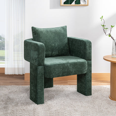 Modern-3-Leg-Chenille-Accent-Chair-with-Ergonomic-Arms-&-Removable-Pillow,-Dark-Green-Accent-Chairs
