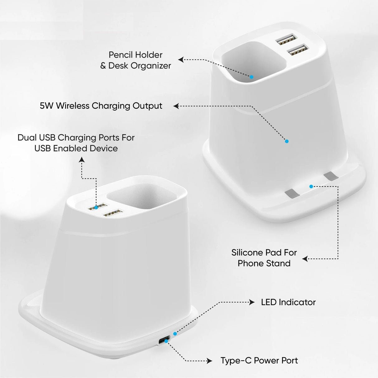 Wireless Charging Stand with Dual USB Charger & Desk Organizer