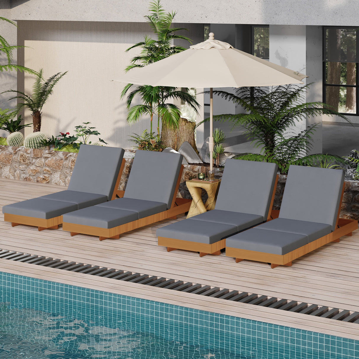 Lounge Chaise Set, Acacia Solid Wood with Lounge Cushion