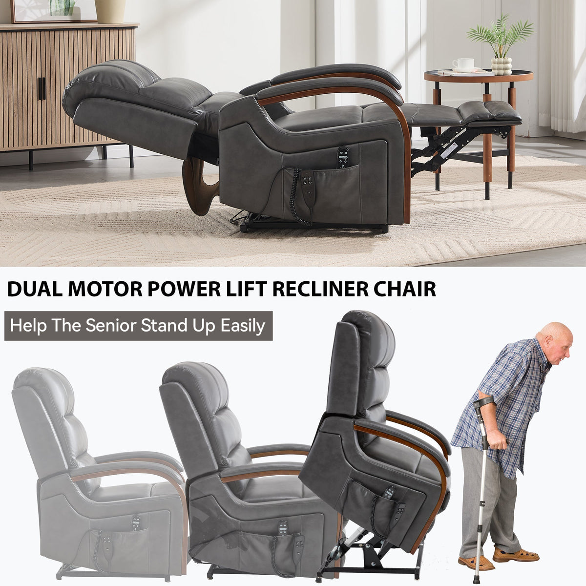 Power Dark Recliner Chair with Massage & Lift - Faux Leather