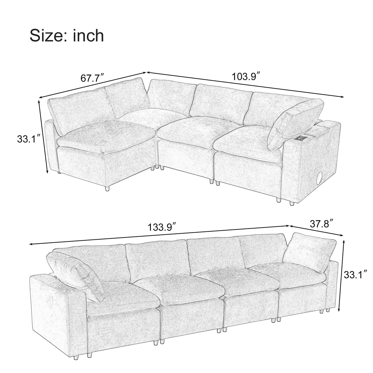U-style Upholstered Modular Sofa With Storage Space and USB Charge Ports