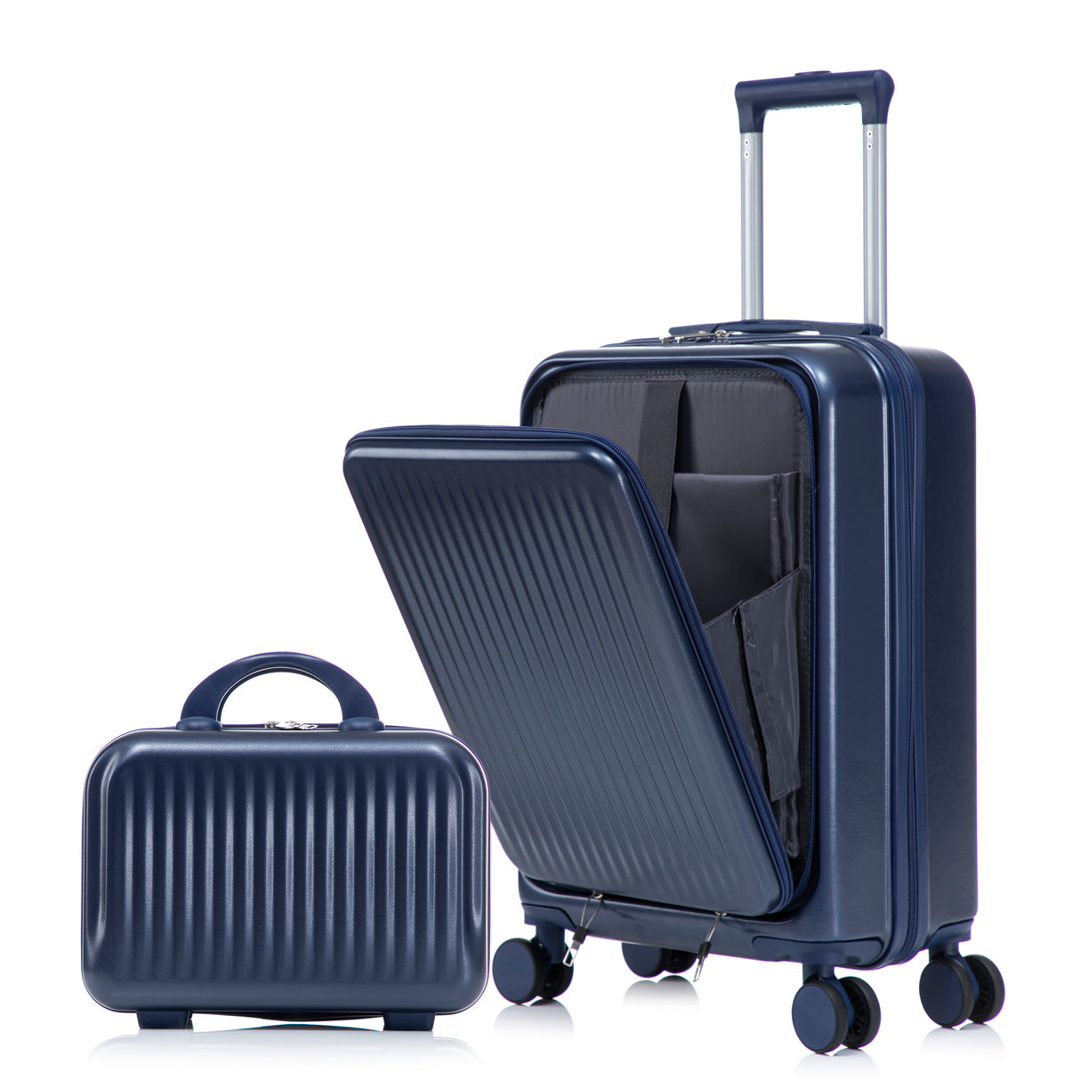 14'/20'-2-pcs/set-in-ABS-Spinner-Wheel-Luggage,-with-Combination-Lock-and-Front-Opening-Design,-14'-Cosmetic-Case-(Navy)-Luggage-Sets