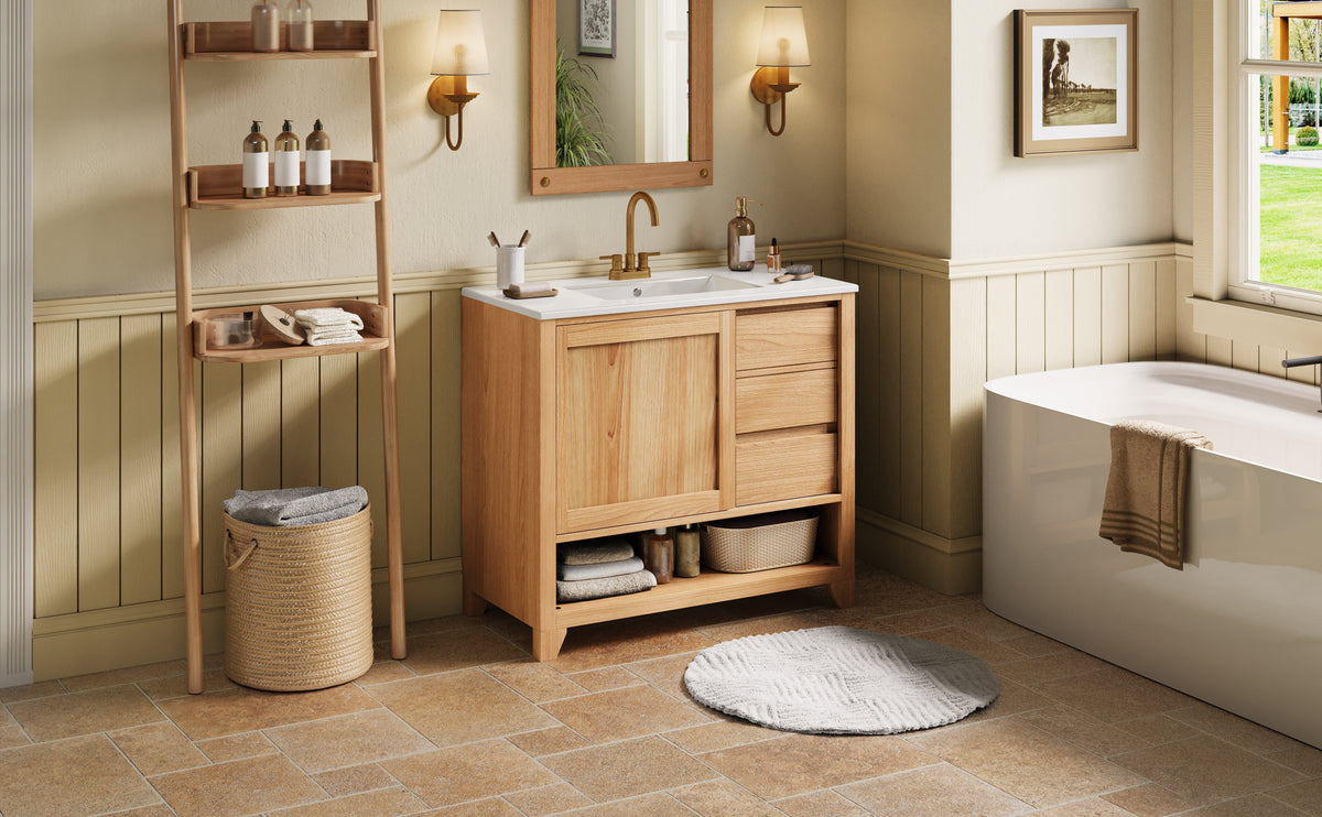 36" Bathroom Vanity with Ceramic Sink and Soft-Close Drawers - White