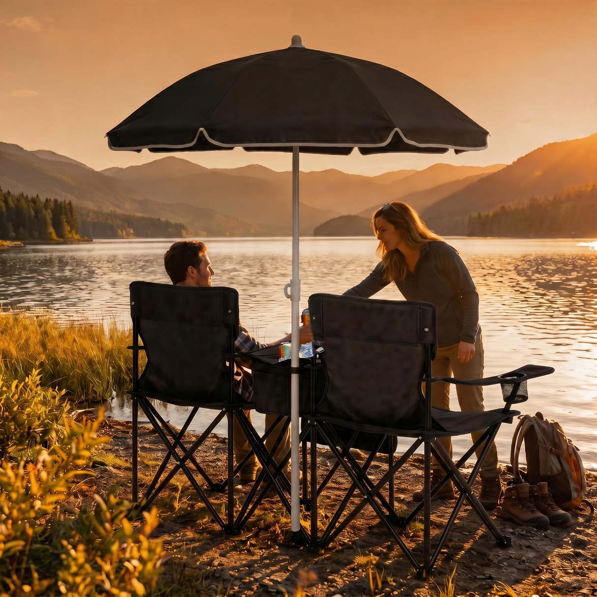 Portable Folding Picnic Chair Set with Umbrella, 2-Person Outdoor Camping Chairs