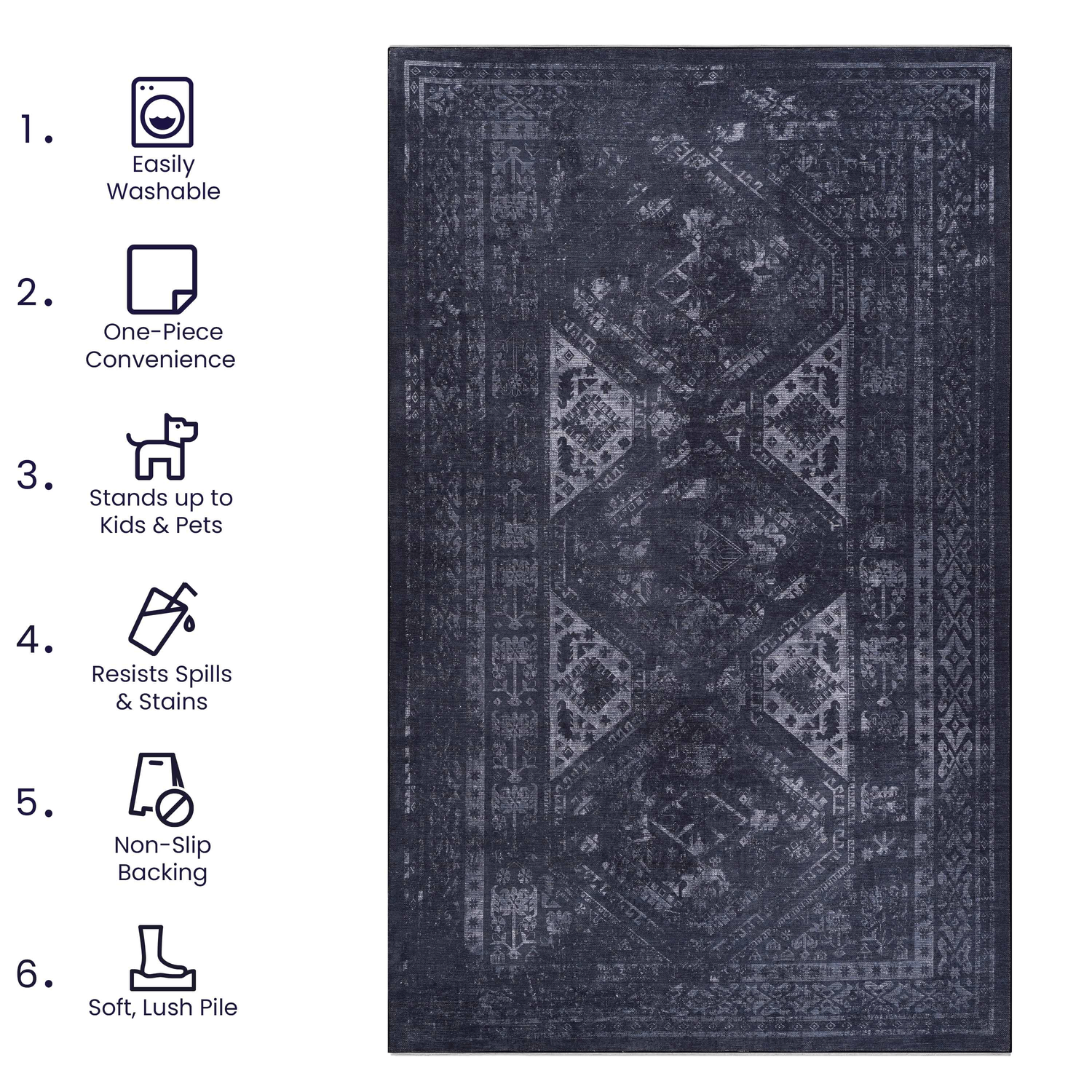Naar area rugs 8x10 for living room, washable rug, low-pile, non-slip, non-shedding, foldable, kid & pet friendly - area rugs for living room, bedroom, kitchen, dining room, (black+ gray, 8' x 10')