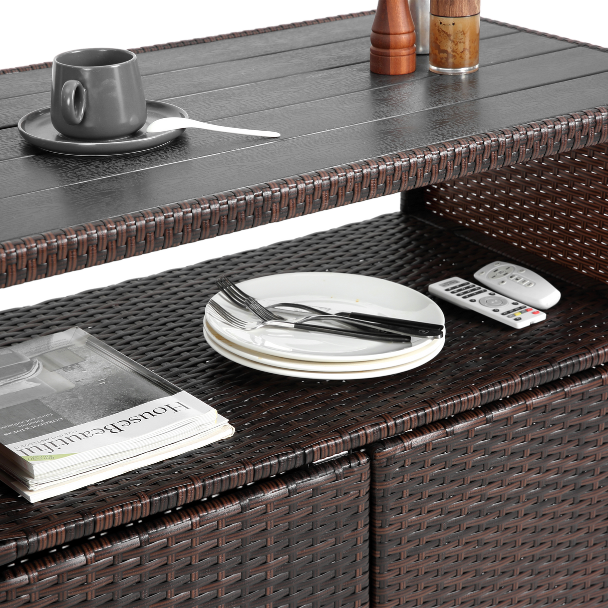 Outdoor Wicker Bar Cart with Glass Top and Wheels - Light Brown