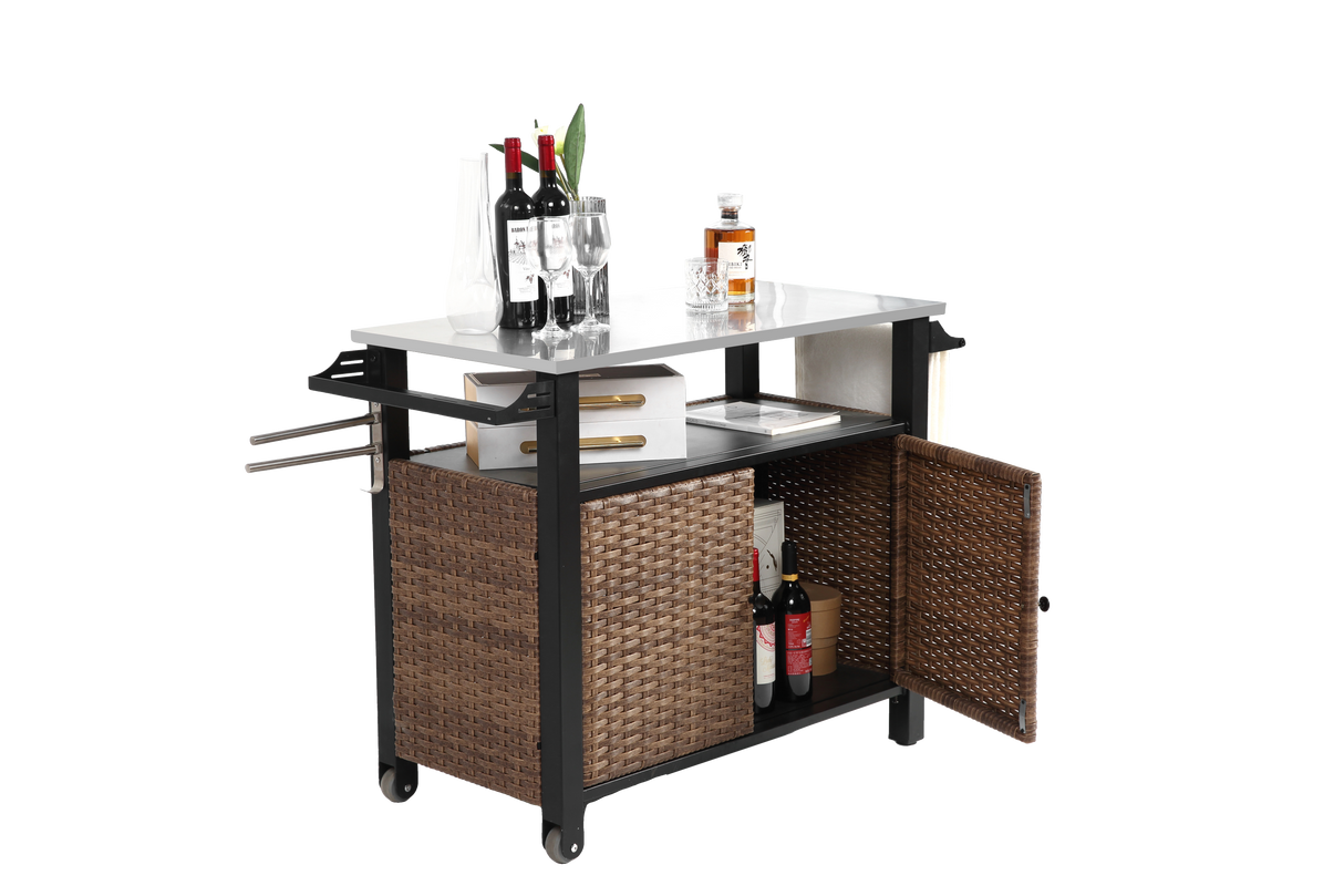 Outdoor Kitchen Wicker Island Rolling Cart & Storage Cabinet Brown