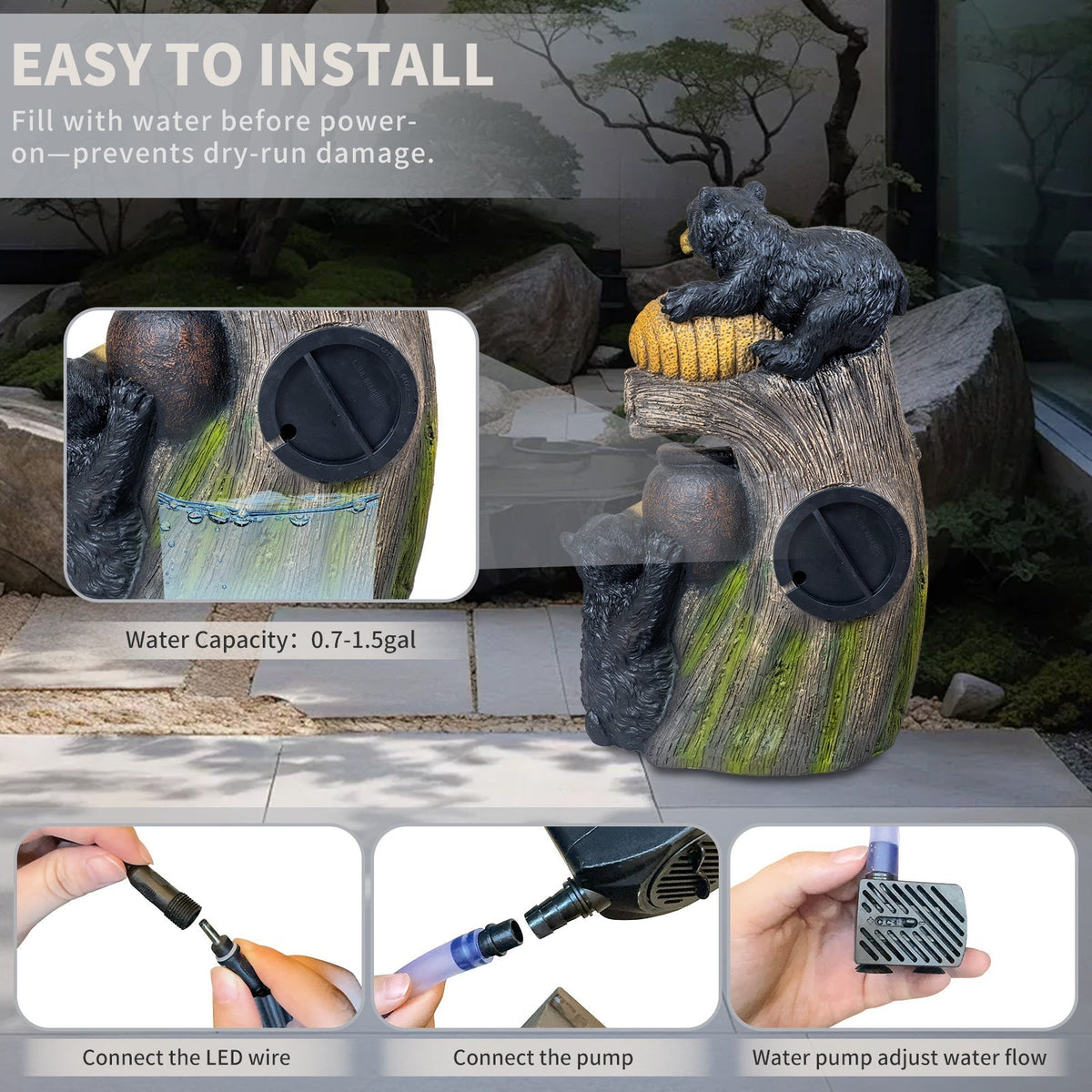 Bear Outdoor Water Fountain with LED Lights - Brown Grey