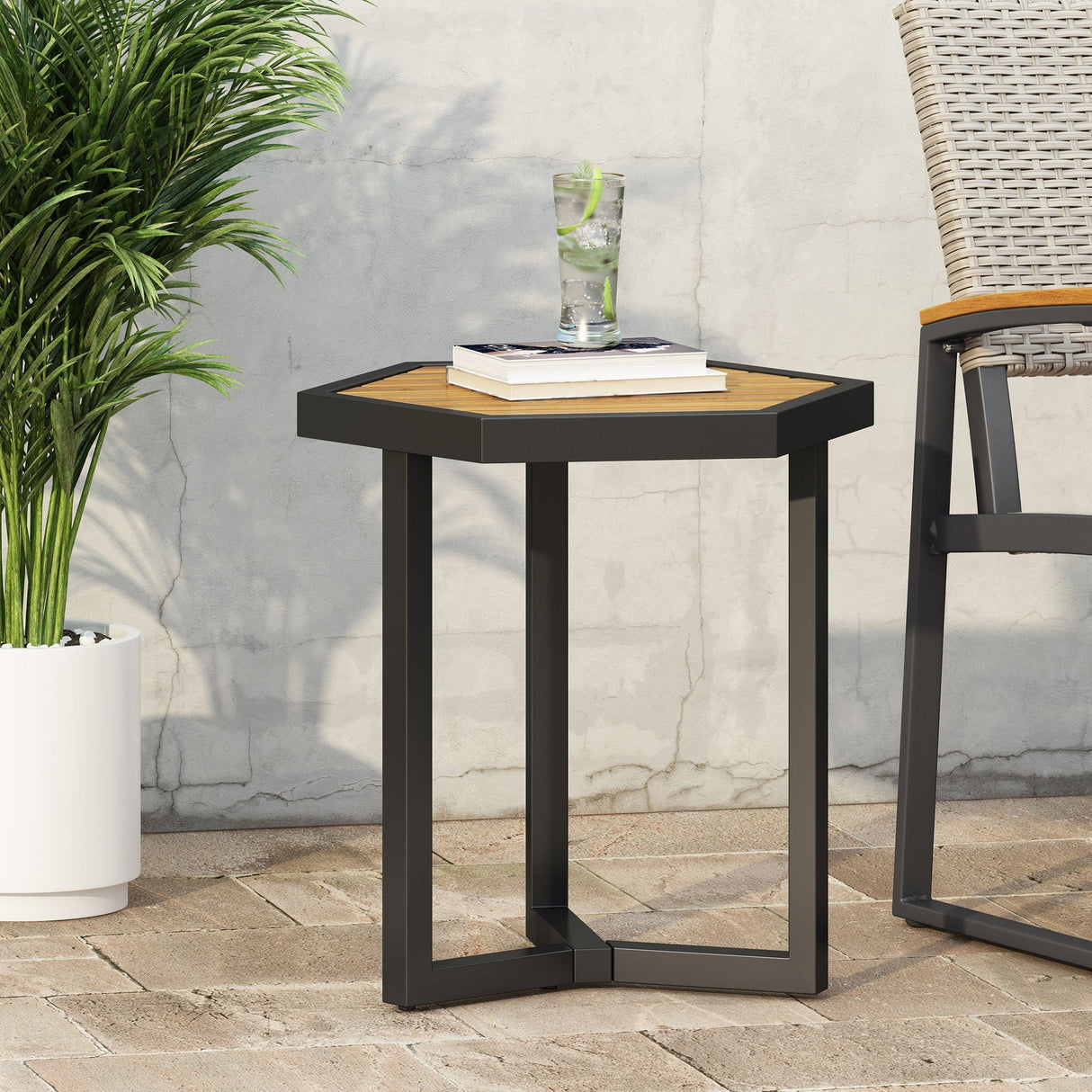 Outdoor Side Table with Iron Base and Slatted Top - Brown