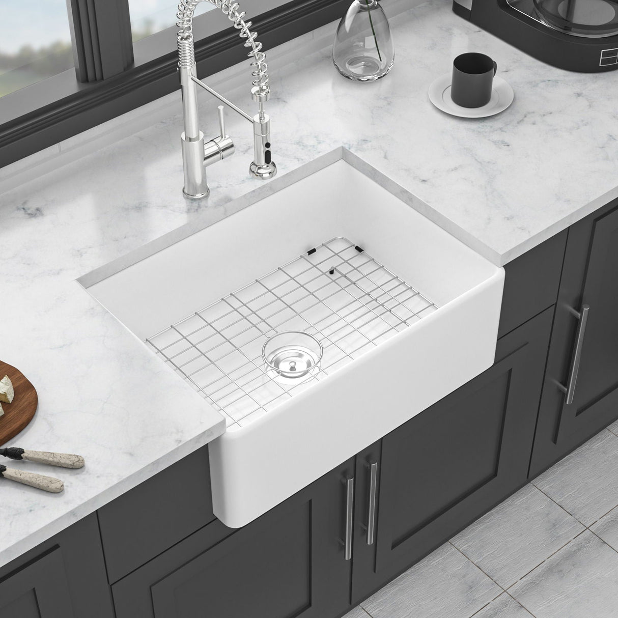 Elegant Farmhouse Apron Front Ceramic Single Bowl, Kitchen Basin