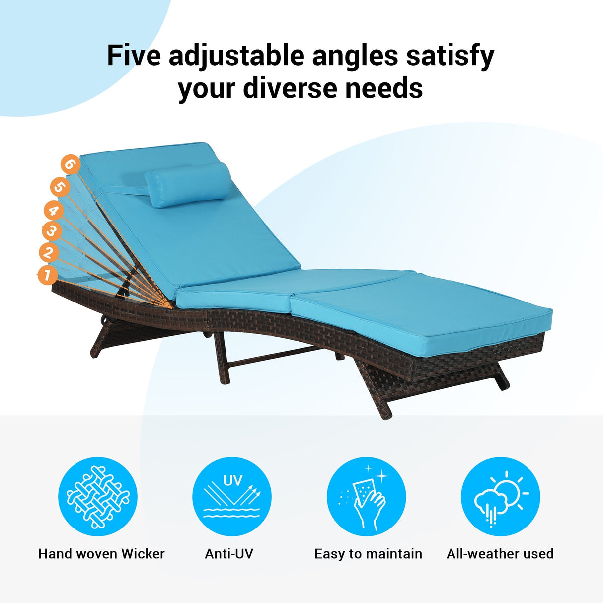 Outdoor Wicker Long Reclining Chair Set of 2 , Wicker Reclining Lounge Chair Lawn Sunbathing Chairs Recliner up to 150° Beach Poolside Garden