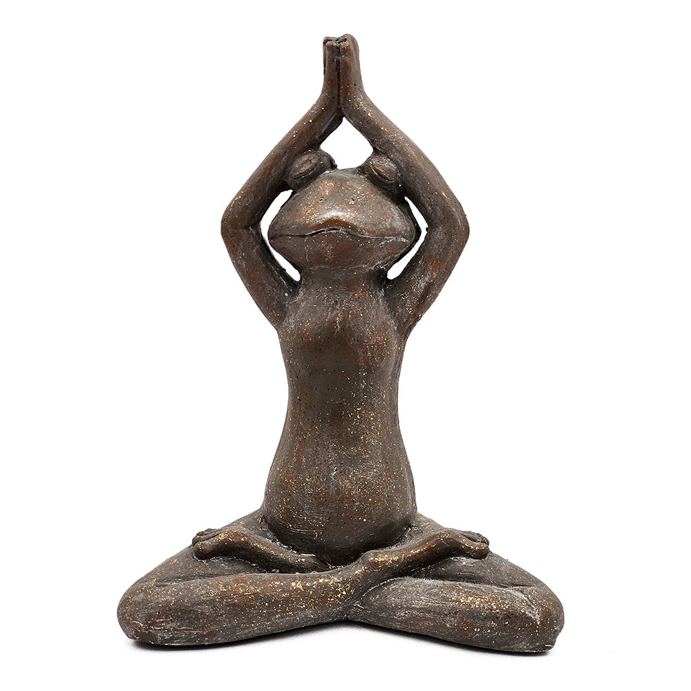 11.5x6.5x15 Brown Magnesium Yoga Frog Figurine in Namaste Pose with Gold Accents