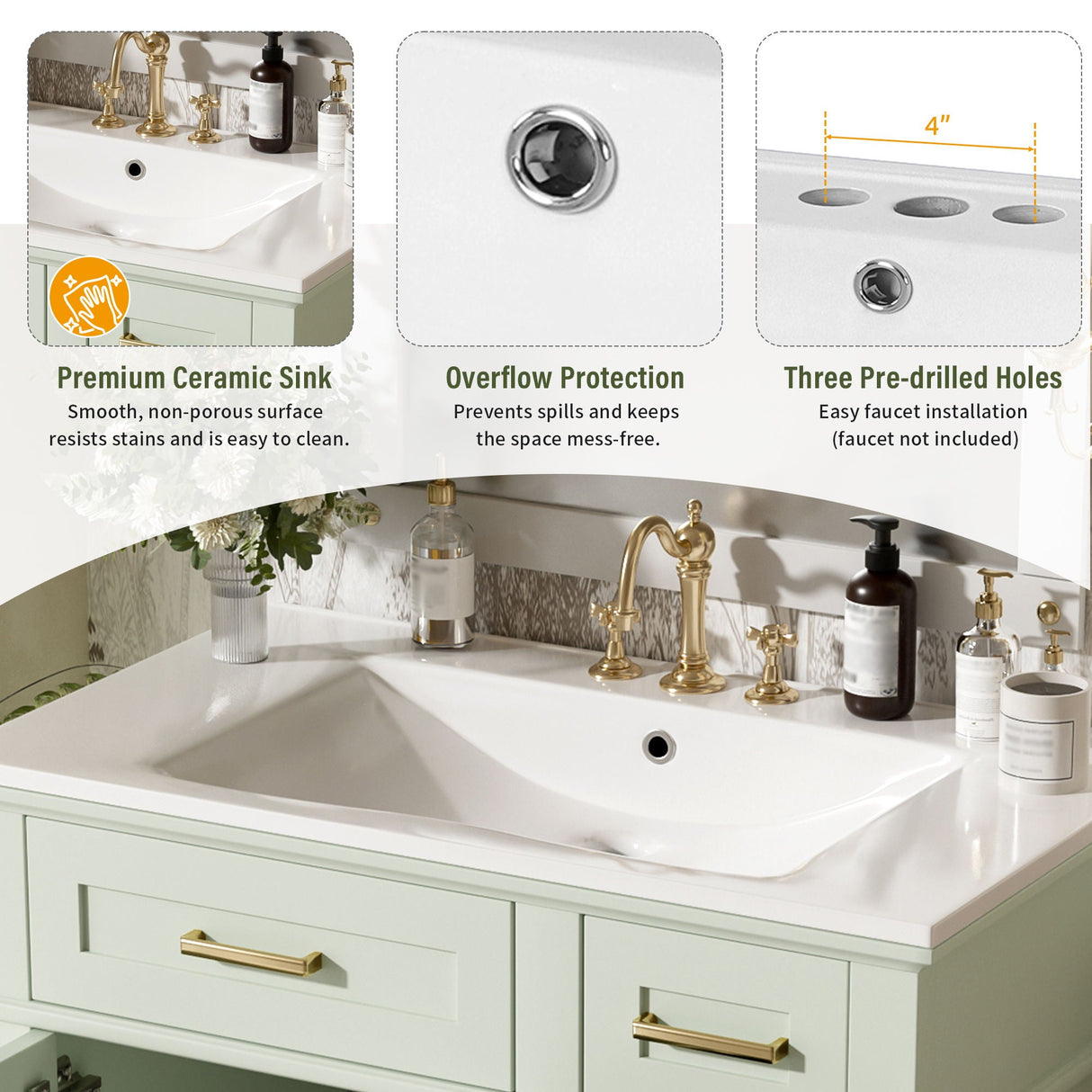 Modern Bathroom Vanity With Ceramic Sink, Soft Close Storage Cabinet
