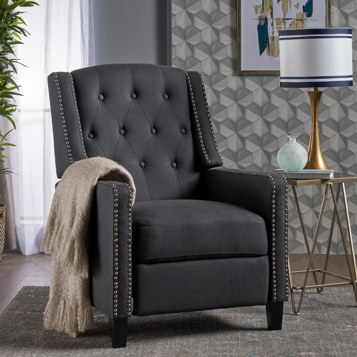 Classic Dark Grey Fabric Push Back Chair with Riveted Armrests